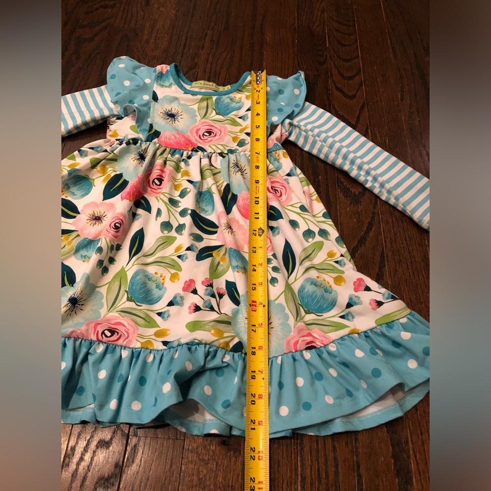 Millie Loves Lily Girls 4 Blue/Pink Floral Striped Long-Sleeved Ruffled Dress - Picture 7 of 10